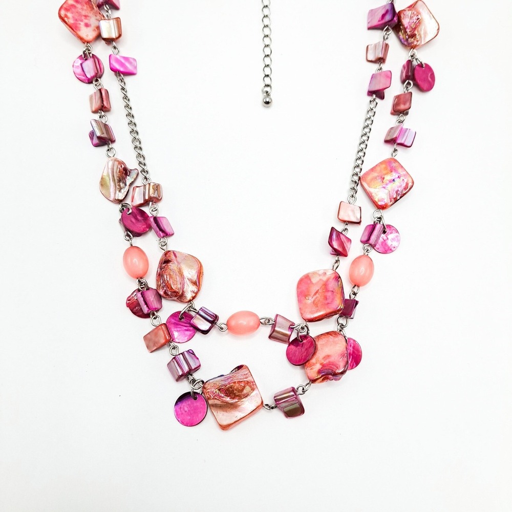 Mother of Pearl Abalone Shell Necklace Pink Coral Fuchsia Chunky Boho Layer 20"